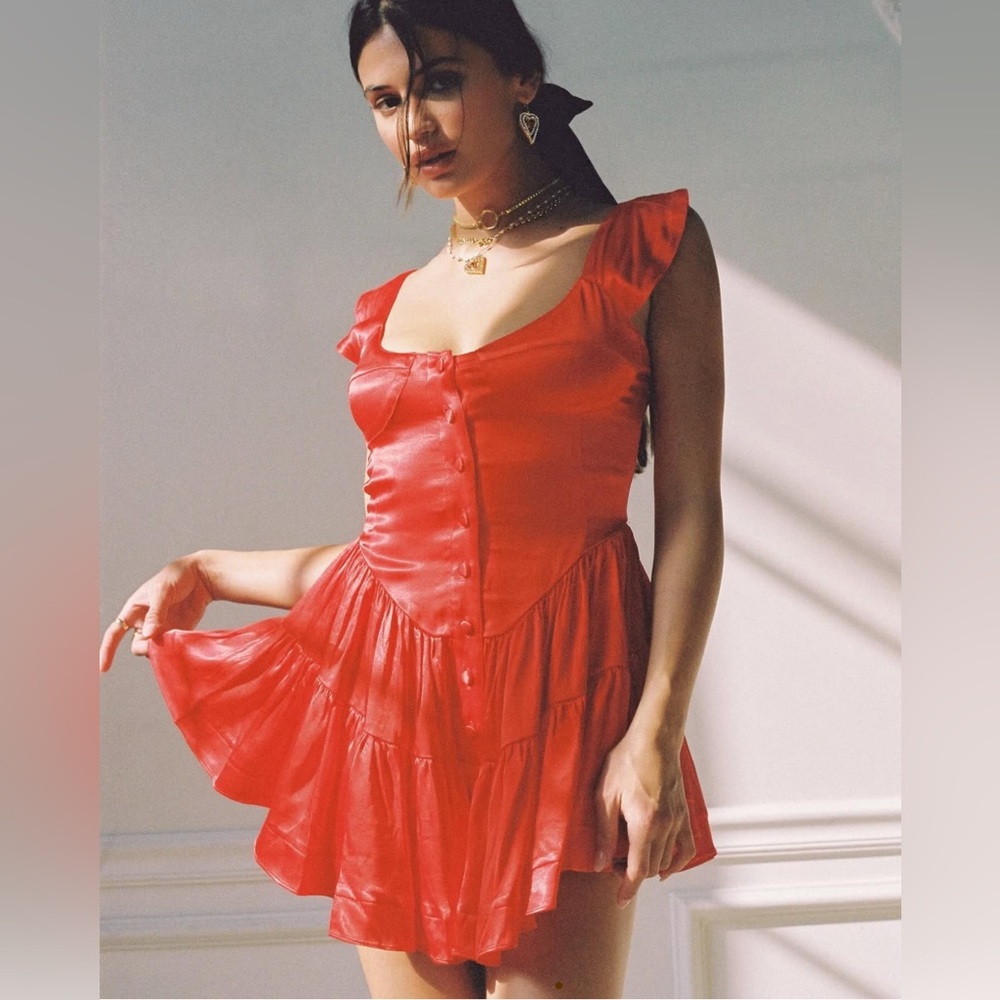 Vanessa Mooney Red Satin Ruffled Mini Dress